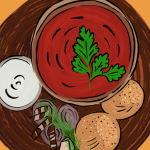 Illustration of traditional Ukrainian borsch, a hearty red beet soup garnished with sour cream and fresh herbs, served in a bowl.