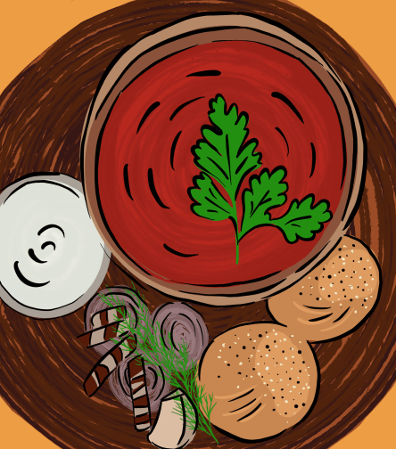 Illustration of traditional Ukrainian borsch, a hearty red beet soup garnished with sour cream and fresh herbs, served in a bowl.