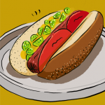 Illustration of a Chicago-style hot dog, an all-beef frankfurter topped with yellow mustard, chopped onions, neon green relish, tomato wedges, pickle spear, sport peppers, and celery salt, served in a poppy seed bun.