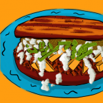 Illustration of Mexican pambazos, a sandwich filled with chorizo and potatoes, the bread dipped in red guajillo pepper sauce and lightly fried, garnished with shredded lettuce, crema, and queso fresco.