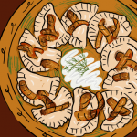 Illustration of Polish pierogi, soft dumplings stuffed with savory fillings such as mashed potatoes, cheese, or meat, garnished with sour cream and caramelized onions.
