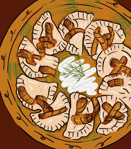Illustration of Polish pierogi, soft dumplings stuffed with savory fillings such as mashed potatoes, cheese, or meat, garnished with sour cream and caramelized onions.