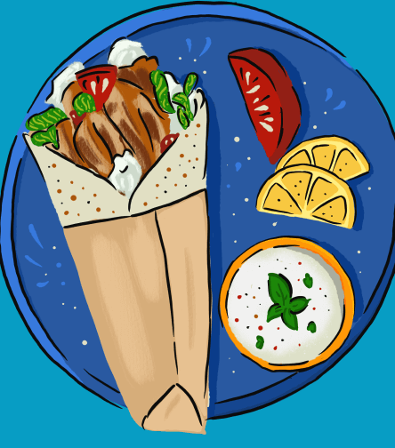 Illustration of traditional Greek souvlaki, skewers of grilled marinated meat, served with pita bread, tomatoes, onions, and tzatziki sauce.