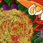 Illustration of Filipino tortang talong, a grilled eggplant omelet, lightly fried and garnished with a side of rice and sliced tomatoes.