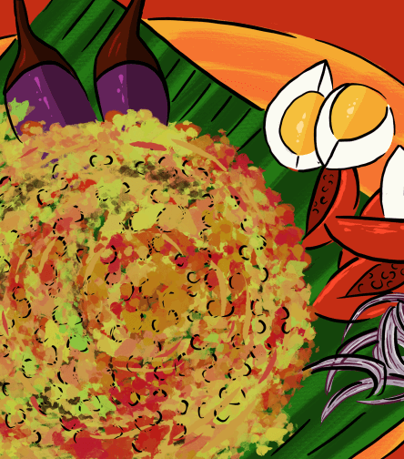 Illustration of Filipino tortang talong, a grilled eggplant omelet, lightly fried and garnished with a side of rice and sliced tomatoes.